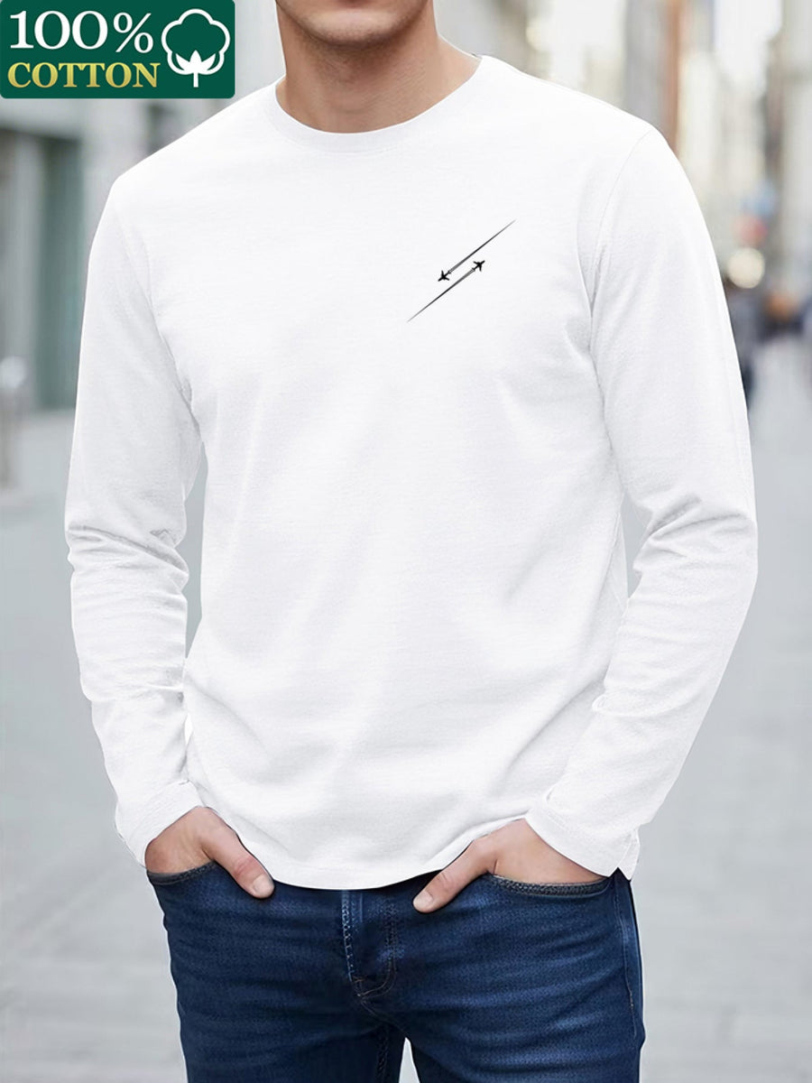 Herr Långärmad T-shirt med Rund Hals och Linjemönster