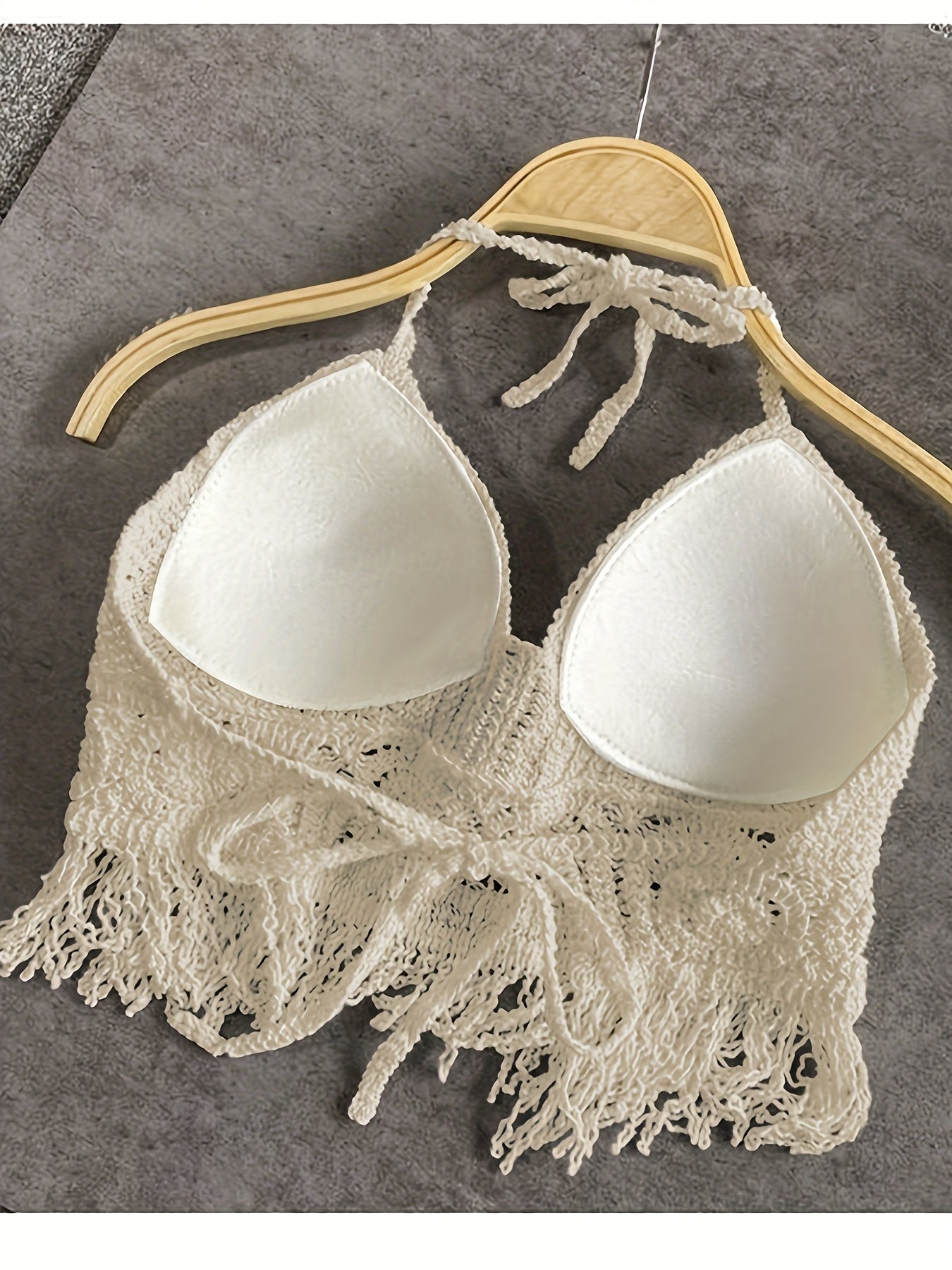 Dam Halterneck Virkad Boho Sommarlinne med Fransar – Festival & Strandmode