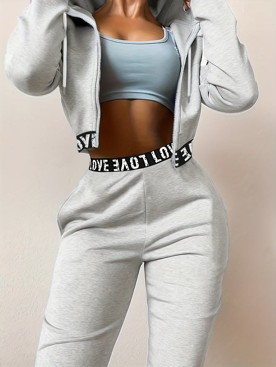 Dam Träningsset Crop Hoodie och Joggingbyxor med Hög Midja, Bokstavsmönster
