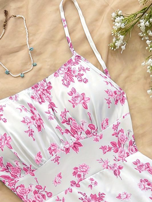 Damklänning med blommigt mönster och smala axelband – Elegant sommarklänning för fest och vardag