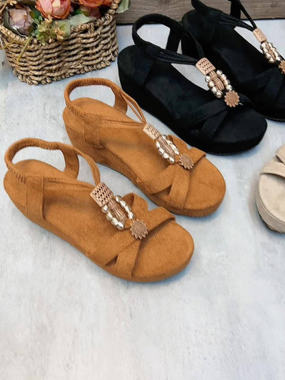 Dam Sandaler med Platå och Dekorativa Pärlor – Vintage T-rem Design, Perfekt för Vår och Sommar