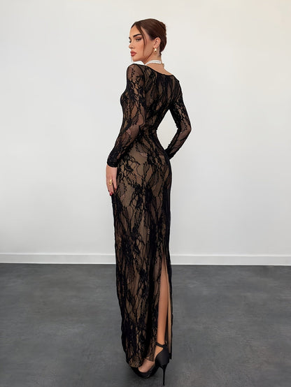 Dam Klänning Elegant Bodycon Långarmad Festklänning med Spetsdetaljer
