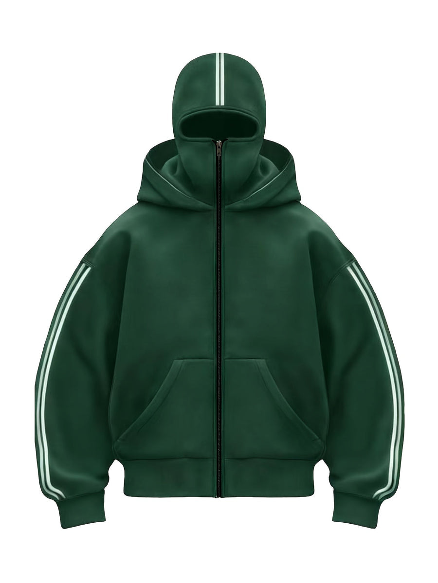 Hoodie med dragkedja och integrerad balaklava, vita ränder