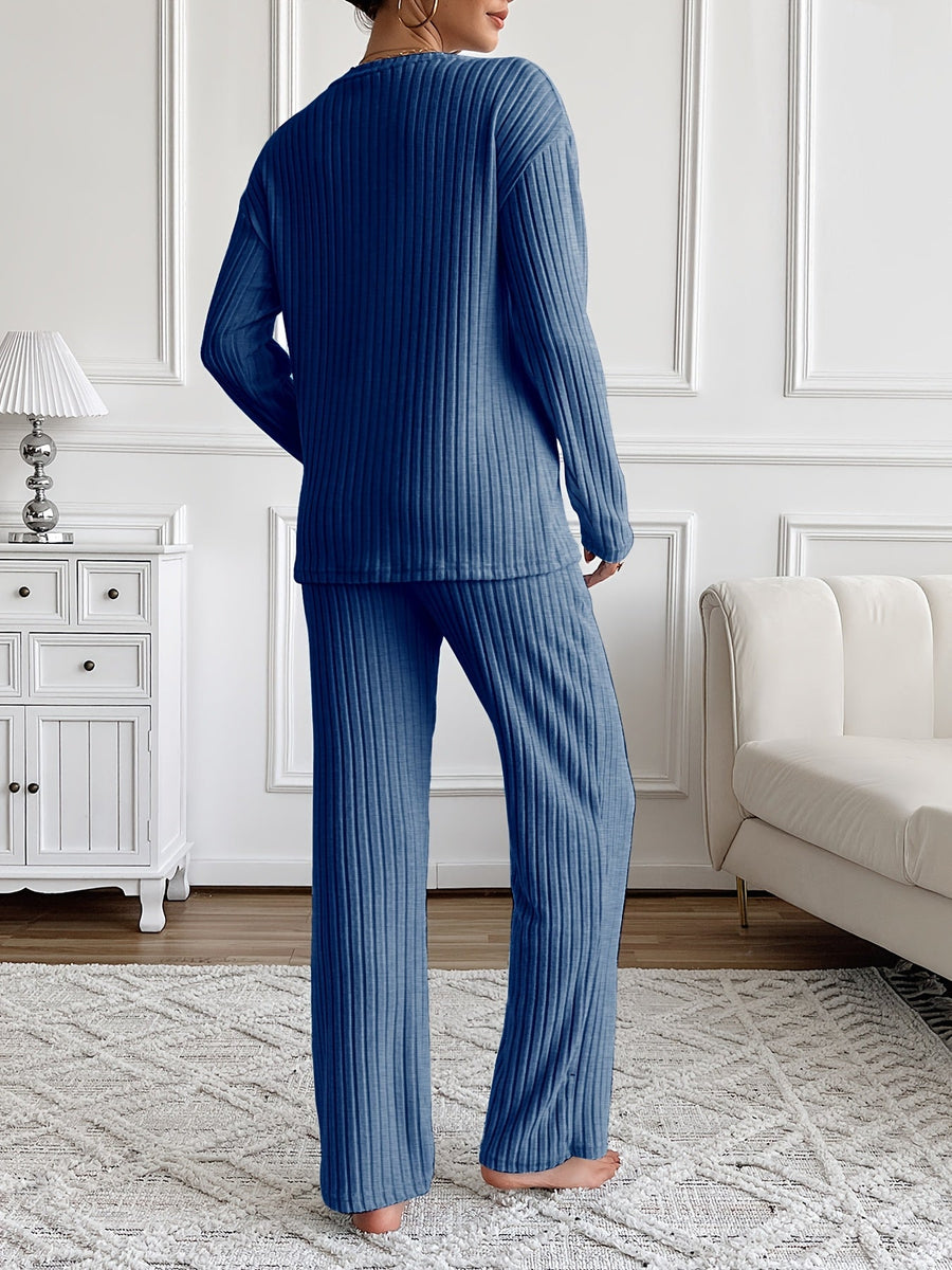 Ribbad loungewearset med V-ringning och tryck, långärmad tröja och vida byxor för dam