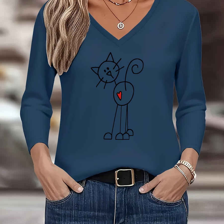 Dam T-shirt med lång ärm, V-ringning och kattryck