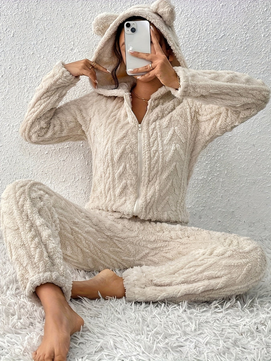 Dam Beige Teddy Overall med Huva och Dragkedja