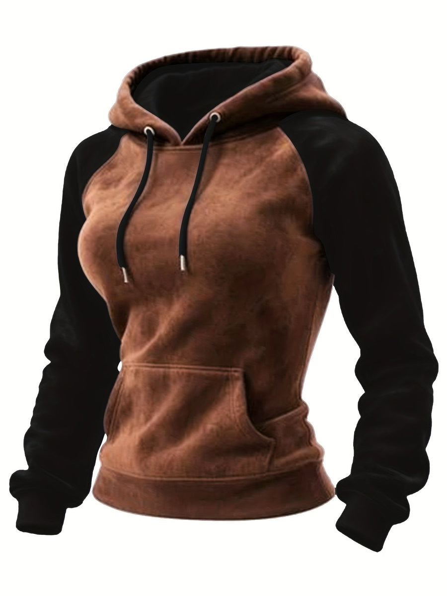 Brun och Svart Raglanhoodie med Dragsko och Fickor