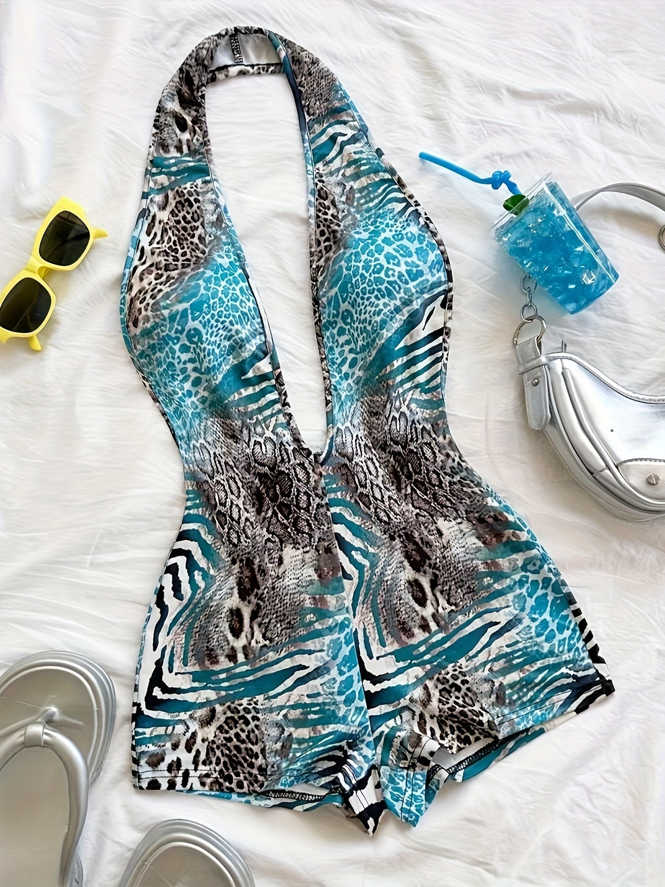 Dam Playsuit Djurmönstrad Halterneck Djärv Sommarfest Look