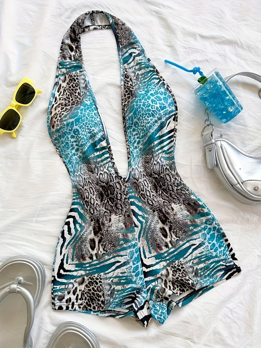Dam Playsuit Djurmönstrad Halterneck Djärv Sommarfest Look