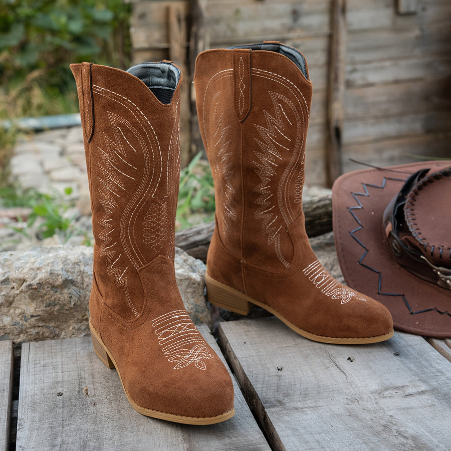 Bruna cowboystövlar för dam med vit brodyr