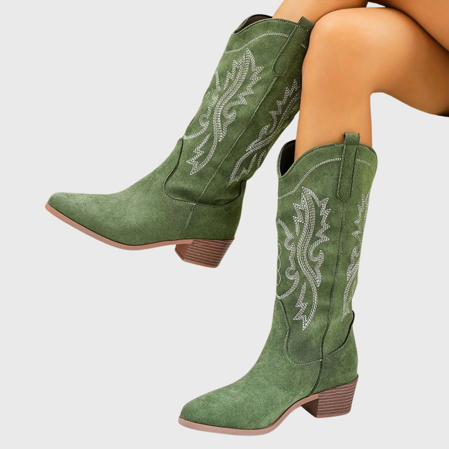 Cowboystövlar med broderier, mellanhög klack, beige