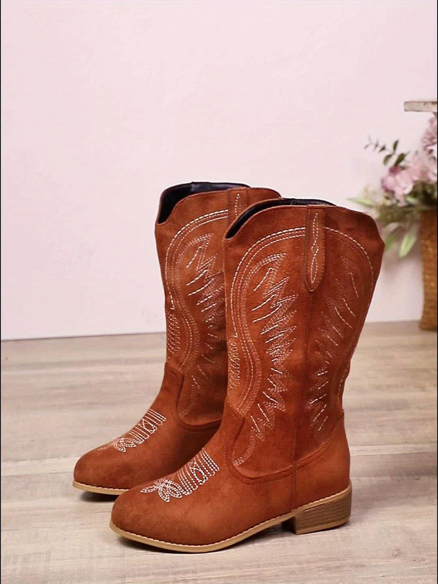Bruna cowboystövlar för dam med vit brodyr