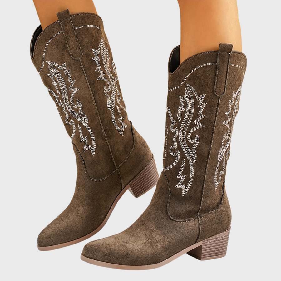 Cowboystövlar med broderier, mellanhög klack, beige