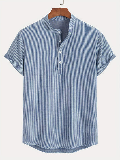 Herr Kortärmad Randig Henley Skjorta med Mandarin Krage – Modern Avslappnad Stil