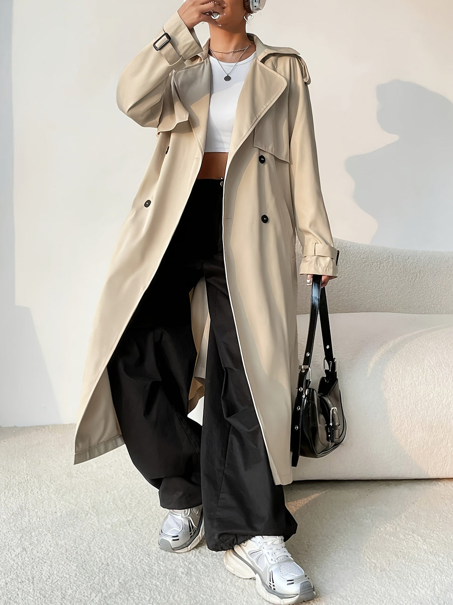 Dam Trenchcoat Lång Beige Dubbelknäppt med Skärpdetalj