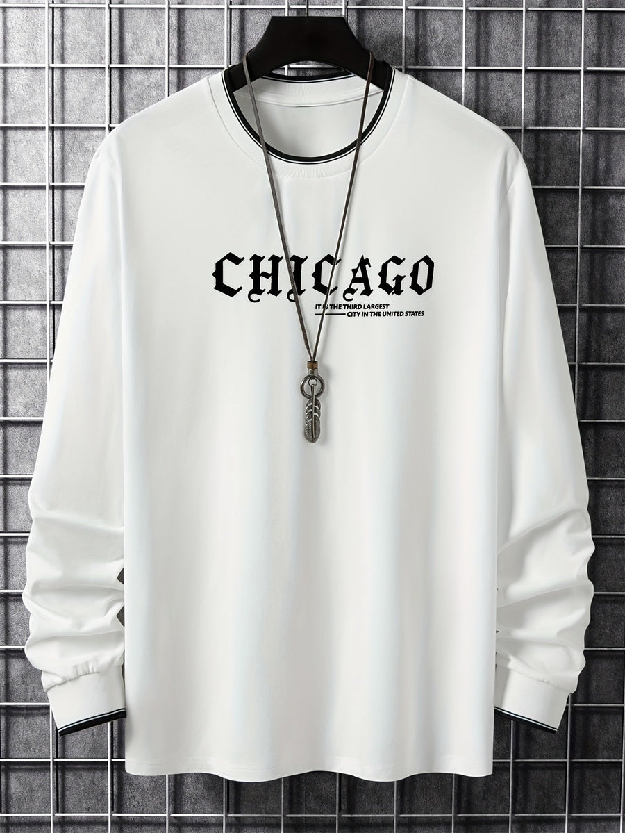 Tröja med lång ärm och Chicago-tryck, rund halsringning, randiga detaljer