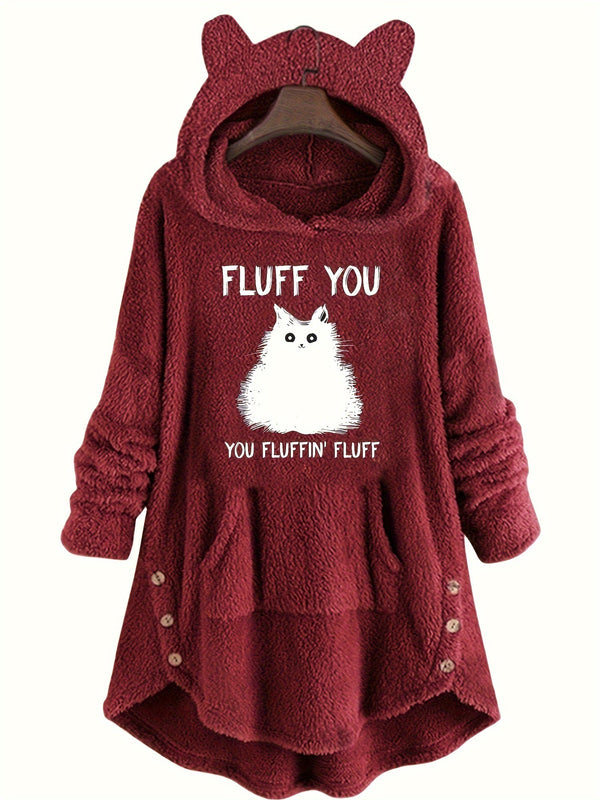 Hoodie för Dam med Kattöron, Kattmotiv och Fickor i Fuskpäls, Burgund/Grå