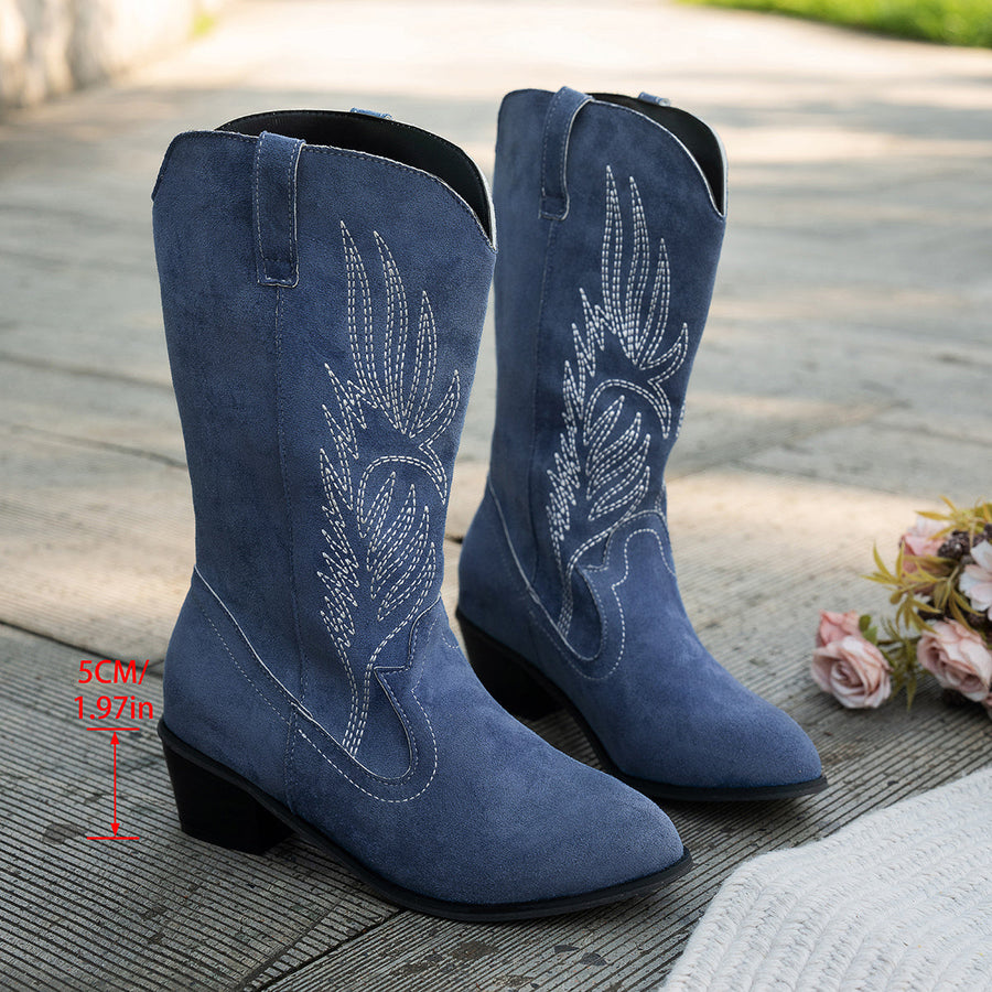 Blå Cowboyboots med Brodermönster, Mellanhögt Skaft