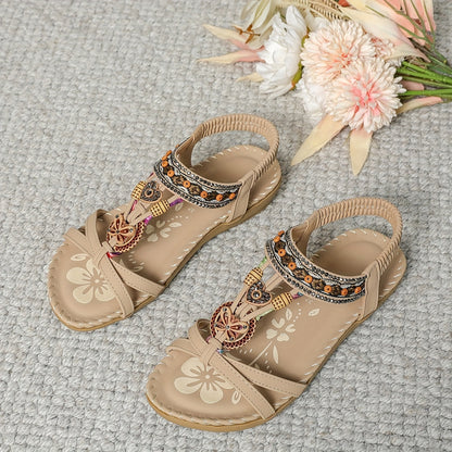 Damsandaler Boho Chic med Dekorativa Remmar och Pärldetaljer – Perfekta för Sommar och Semester