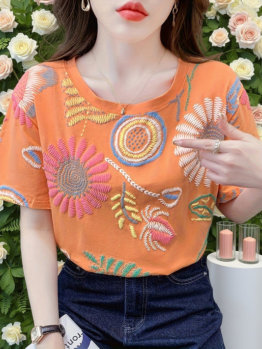 Dam Topp Broderad Boho Stil Ledig Sommarblus Kort Ärmar