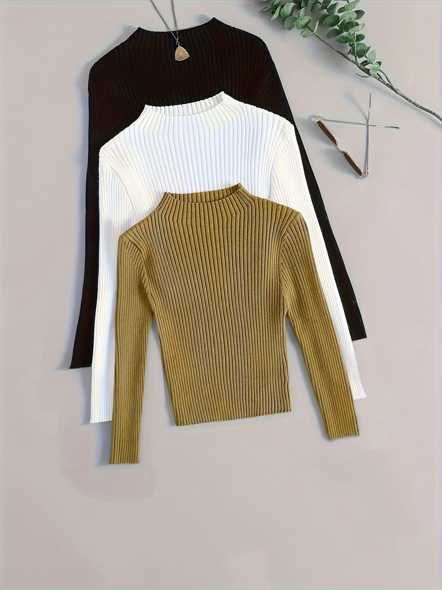 Ribbstickad damtröja med lång ärm och halvpolo, enfärgad design