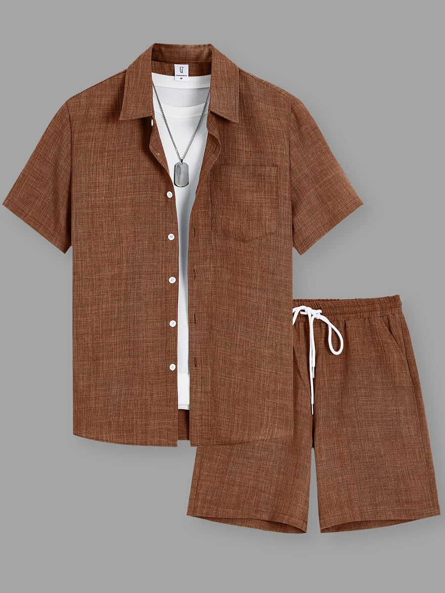 Herr Kortärmad Skjorta och Shorts Set – Avslappnad Sommarlook för Fritid och Semester