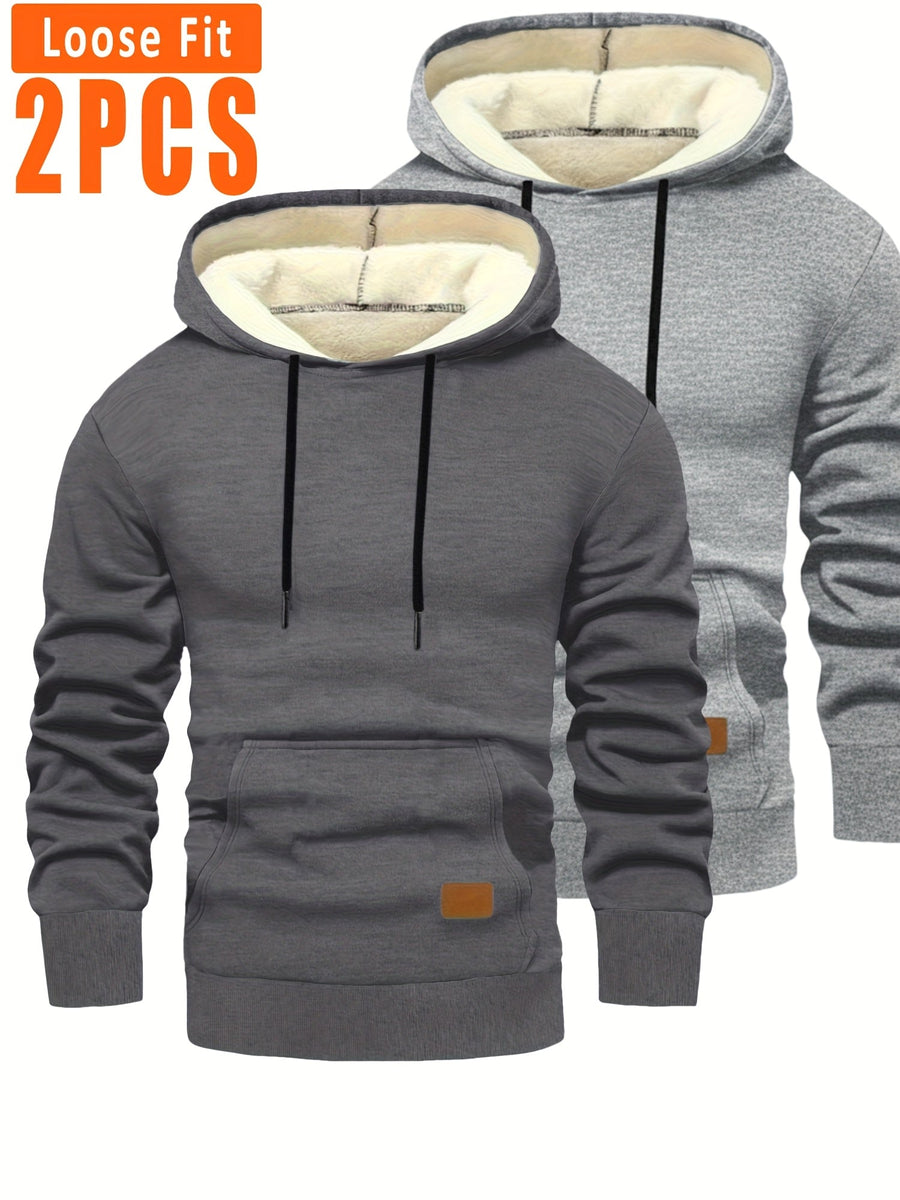 Unisex Hoodies med Fleecefoder, 2-pack, Loose Fit, Svart och Mörkgrå