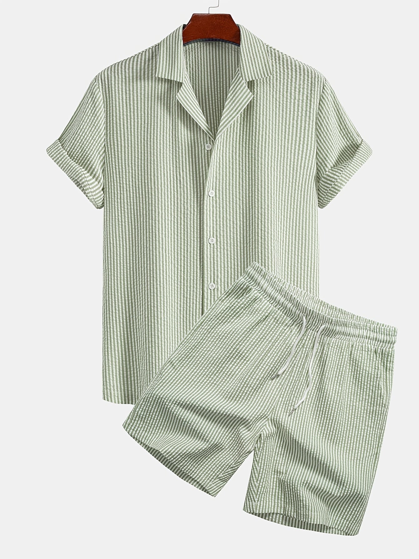 Herr Set med Kortärmad Skjorta och Shorts – Randigt, Avslappnat Sommarset för Strand och Semester