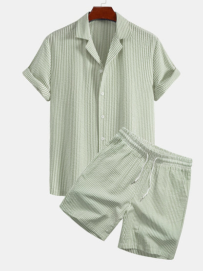 Herr Set med Kortärmad Skjorta och Shorts – Randigt, Avslappnat Sommarset för Strand och Semester