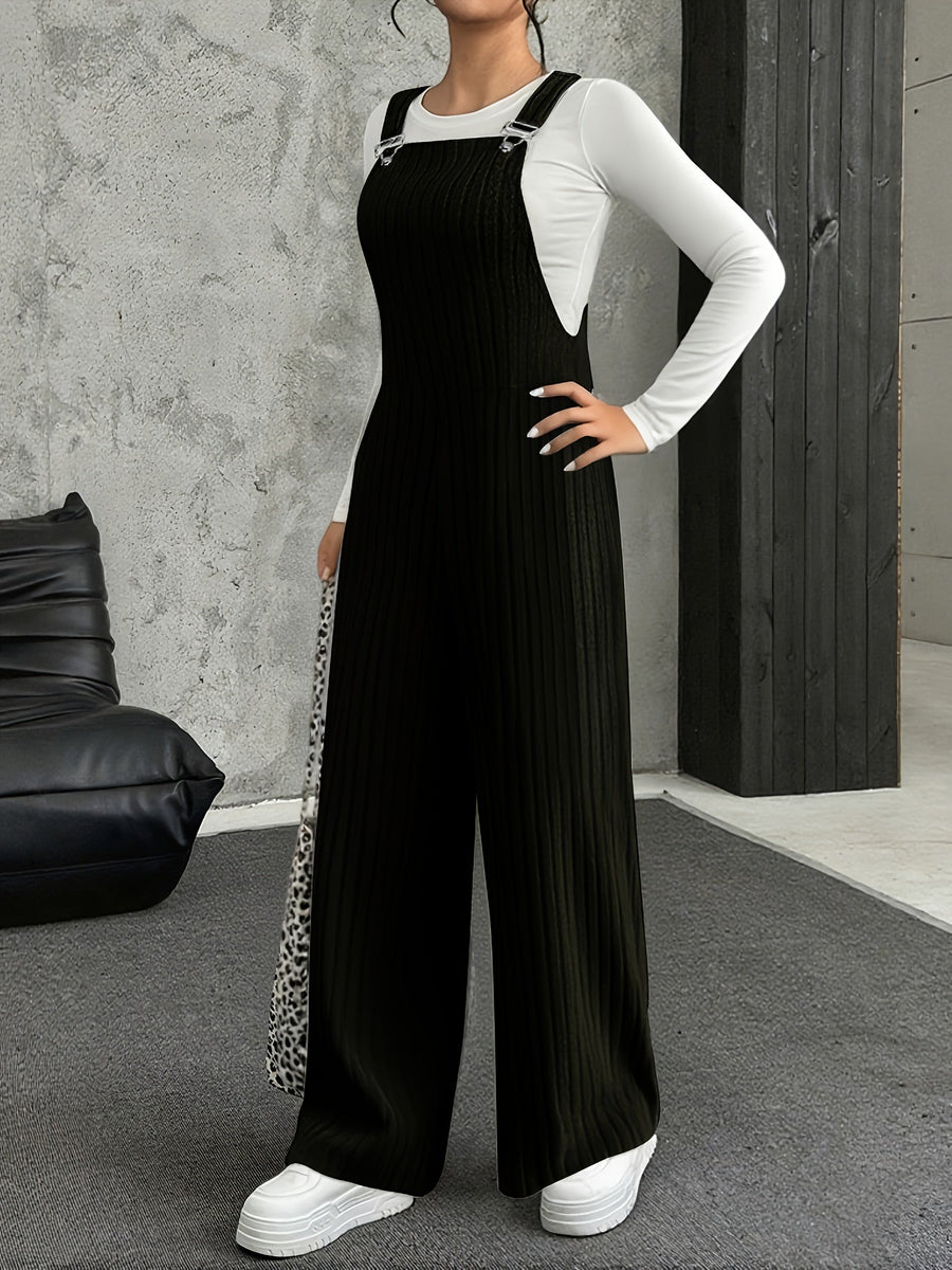 Grå Ribbad Jumpsuit med Vida Ben och Hängslen för Dam
