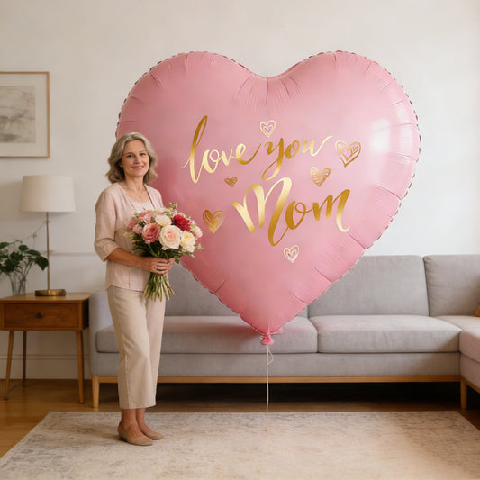 Jättehjärtformad ballong med text 'Love You Mom' – Perfekt present till mamma och festdekoration