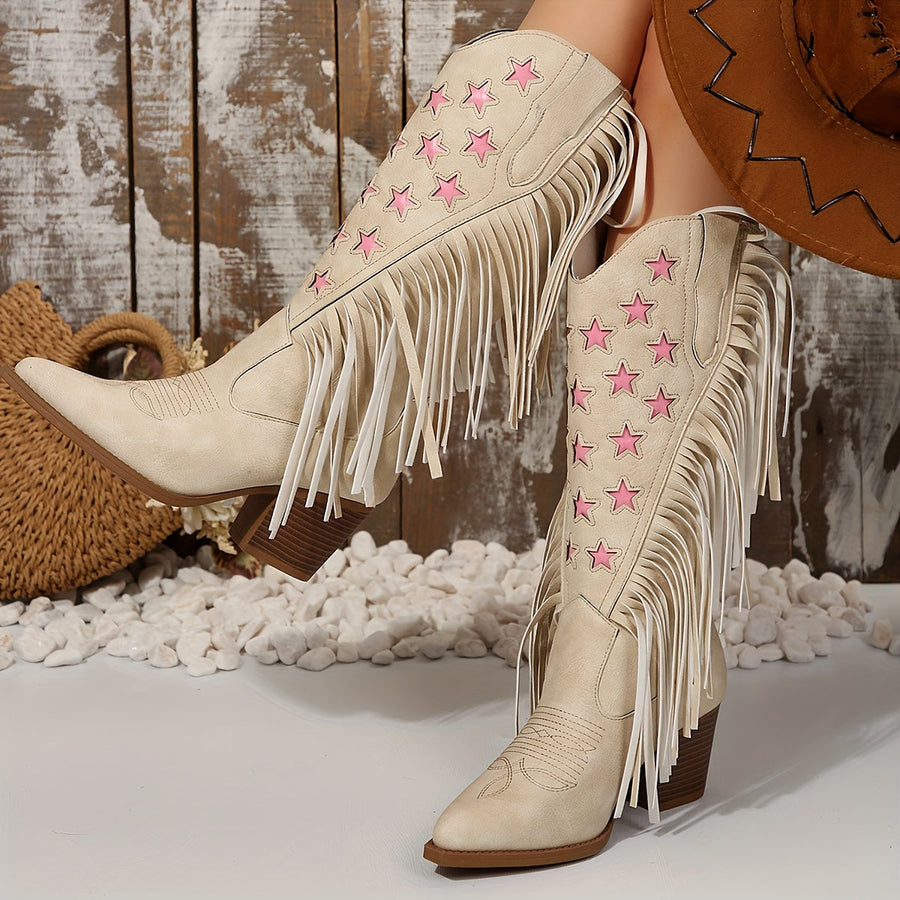 Cowboyboots med stjärnor och fransar – Beige
