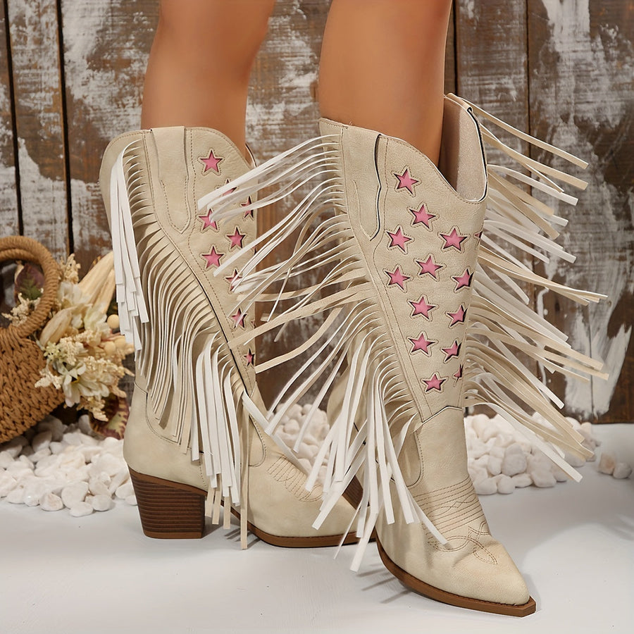 Cowboyboots med stjärnor och fransar – Beige