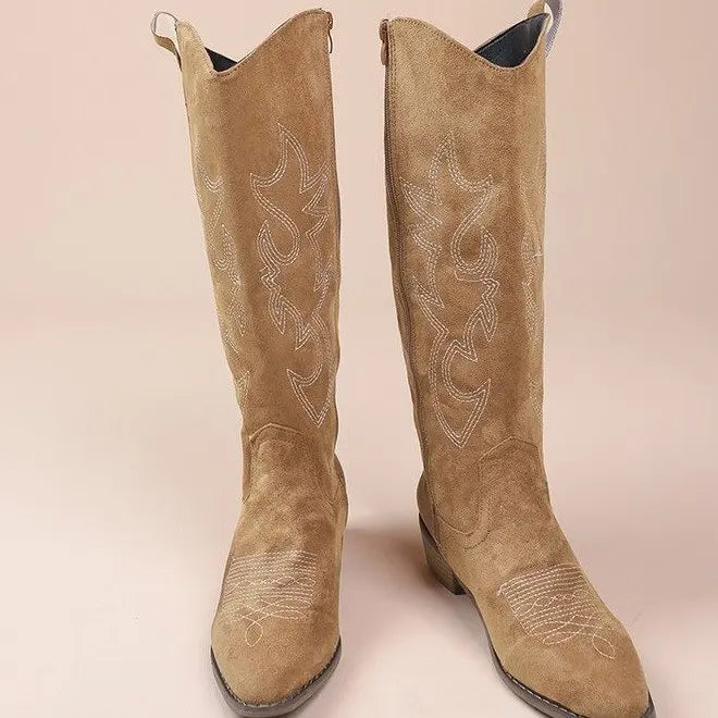 Kvinnors Knähöga Cowboystövlar med Broderade Detaljer och Dragkedja