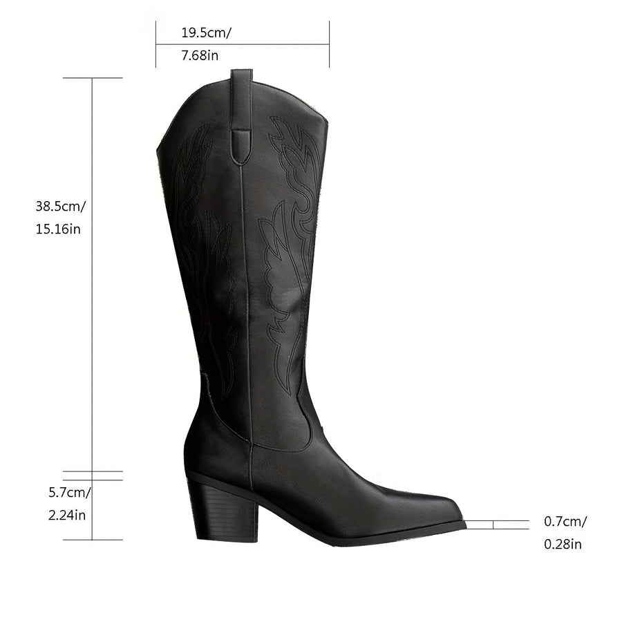 Svarta cowboy stövlar för dam med broderade detaljer och blockklack