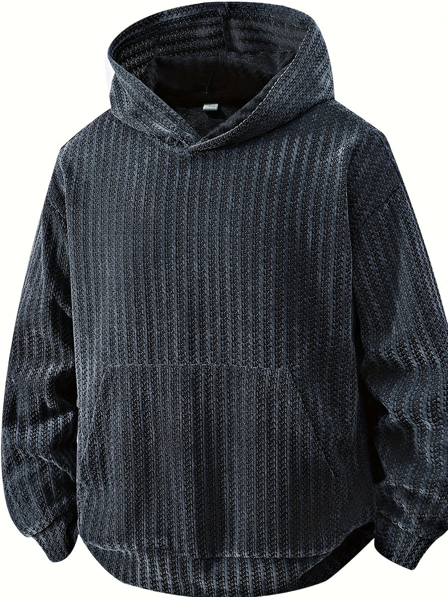 Hoodie med huva och känguruficka, ribbad textur