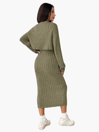 Dam Set med Kjol och Kofta – Elegant Ribbad Stickad Outfit för Vardag och Fritid