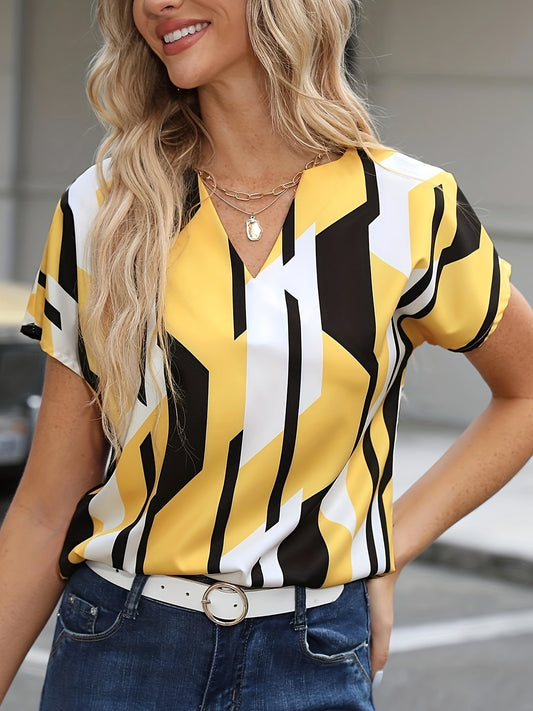 Dam Blus Geometriskt Mönster V-ringad Elegant Sommarblus Kontorsstil