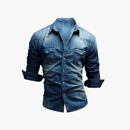 Herr Skjorta Denim Västerntstil med Tryckknappar – Tidlös Casual Look