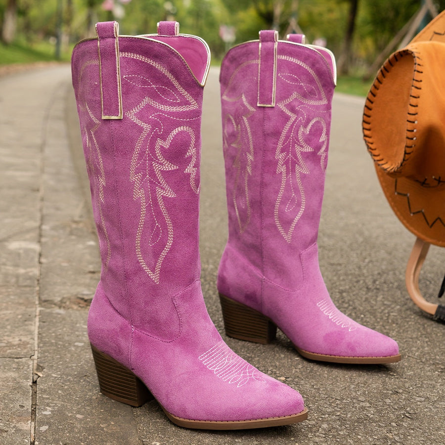 Rosa Cowboystövlar med Broderat Mönster och Blockklack