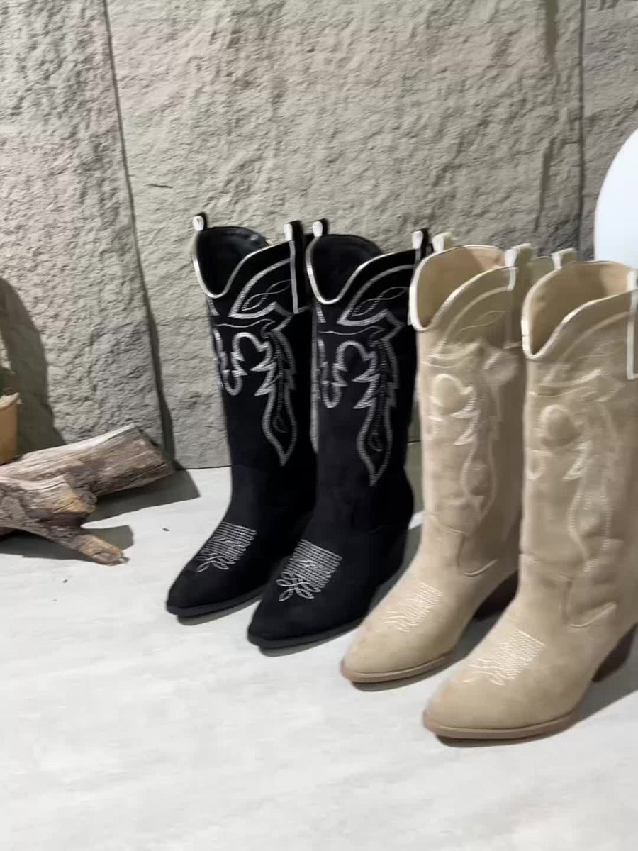 Rosa Cowboystövlar med Broderat Mönster och Blockklack