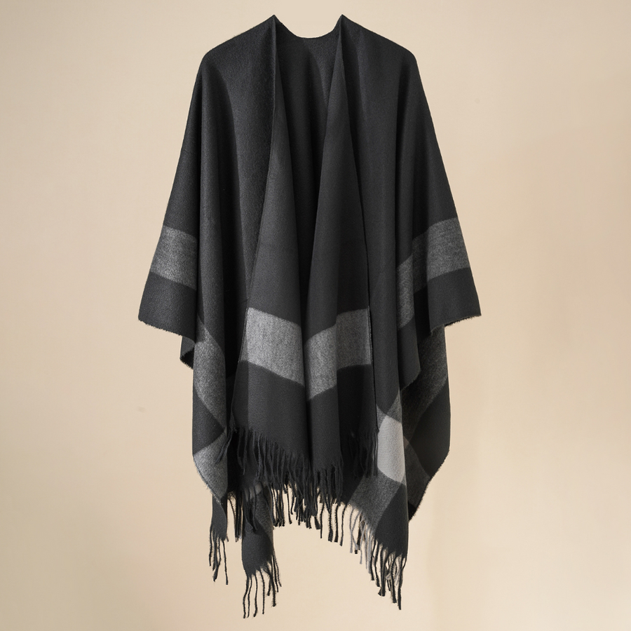 Beige rutig poncho med fransar, mjuk halsdukscape för dam