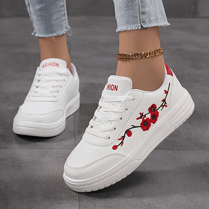Dam Sneakers Elegant Stil Vardagsskor med Broderade Blommor och Snörning
