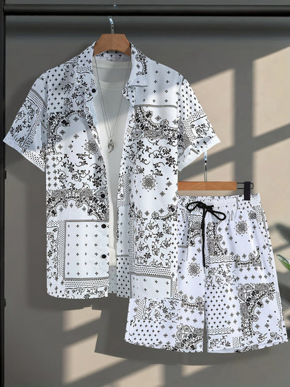 Herr Bandana-Set med Skjorta och Shorts – Avslappnad Sommarstil, Paisleymönster, Perfekt för Semester och Fritid