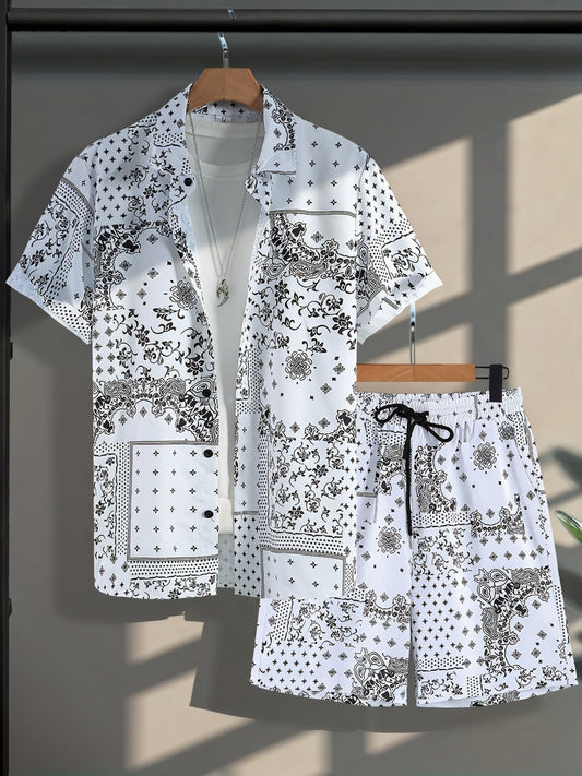 Herr Bandana-Set med Skjorta och Shorts – Avslappnad Sommarstil, Paisleymönster, Perfekt för Semester och Fritid