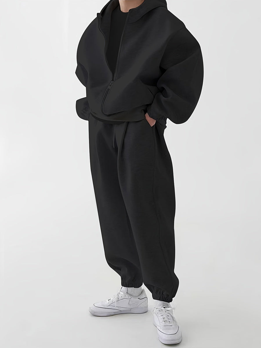 Hoodie och Mjukisbyxor Set, Ensfärgad Träningsset med Dragkedja