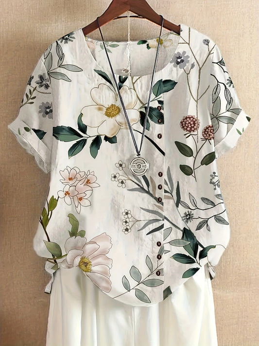 Dam Blus Vintage Blommig Kortärmad Sommartopp med Knappar