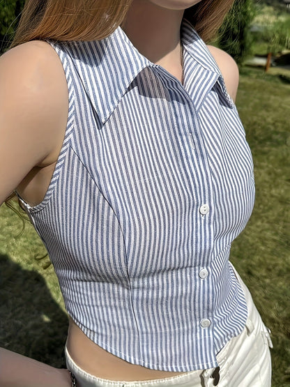 Dam Blus ärmlös skräddarsydd med smala ränder och modern korsettstil – Elegant topp för vardag och fest
