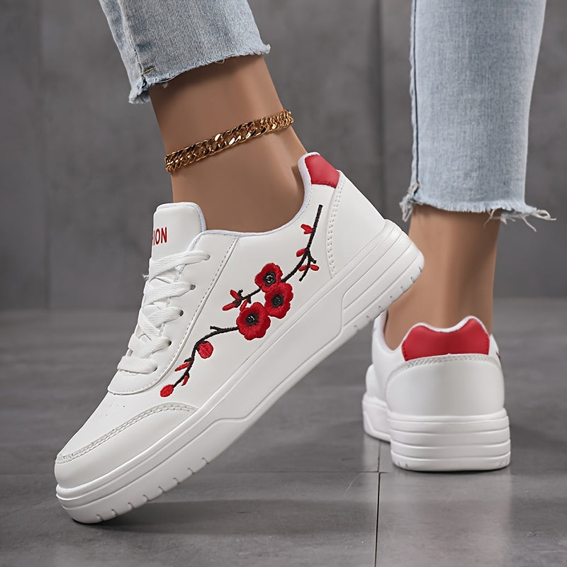 Dam Sneakers Elegant Stil Vardagsskor med Broderade Blommor och Snörning