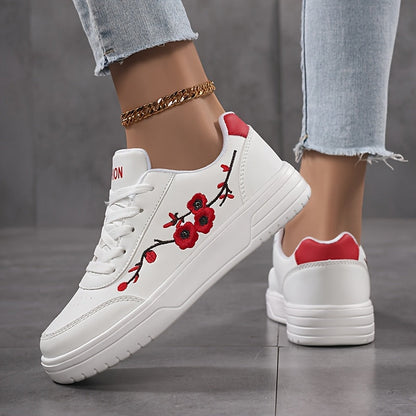 Dam Sneakers Elegant Stil Vardagsskor med Broderade Blommor och Snörning